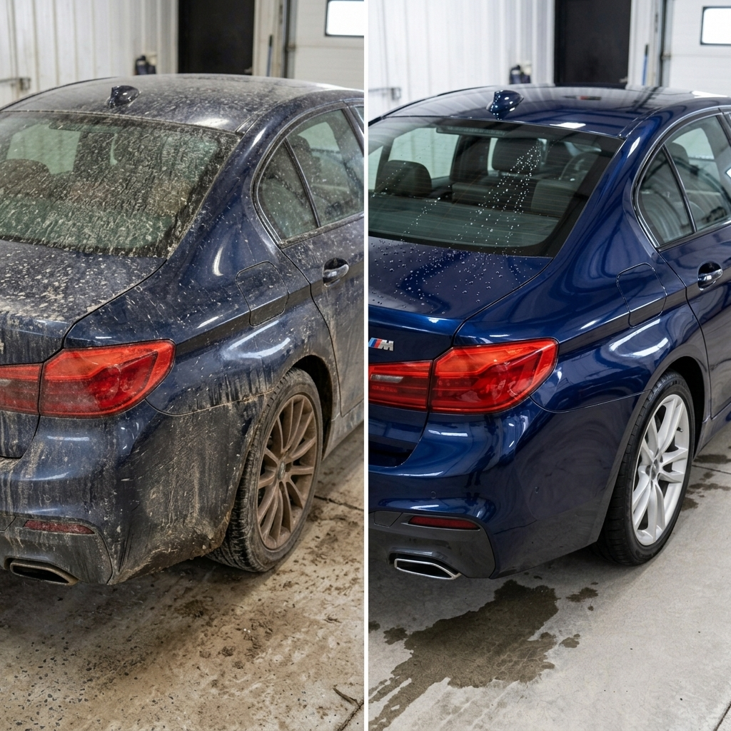 Före och efter på en blå BMW som visar resultatet av Glansskydd behandling